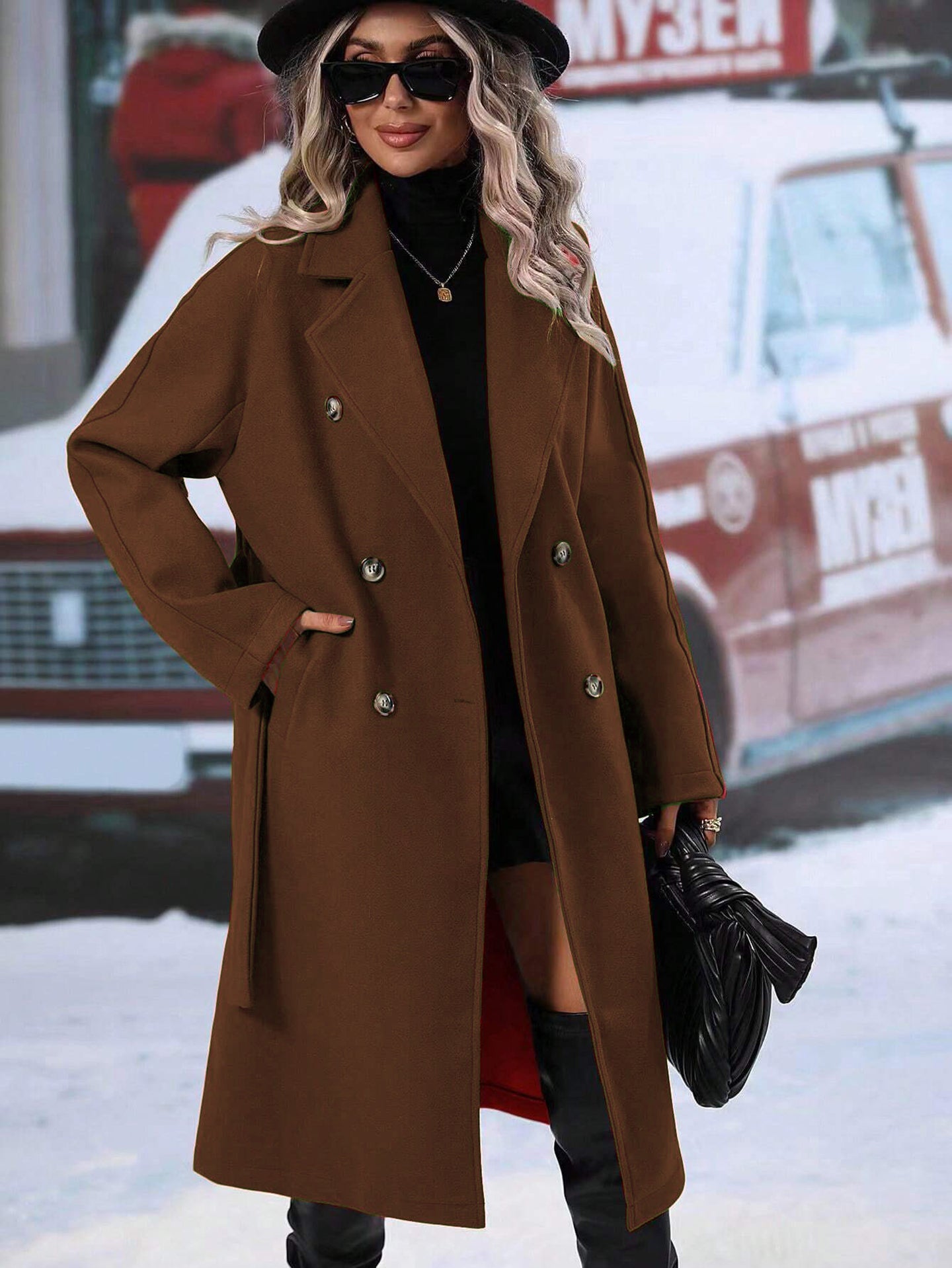 Women Notched Lapel Collar Knee Length Overcoat