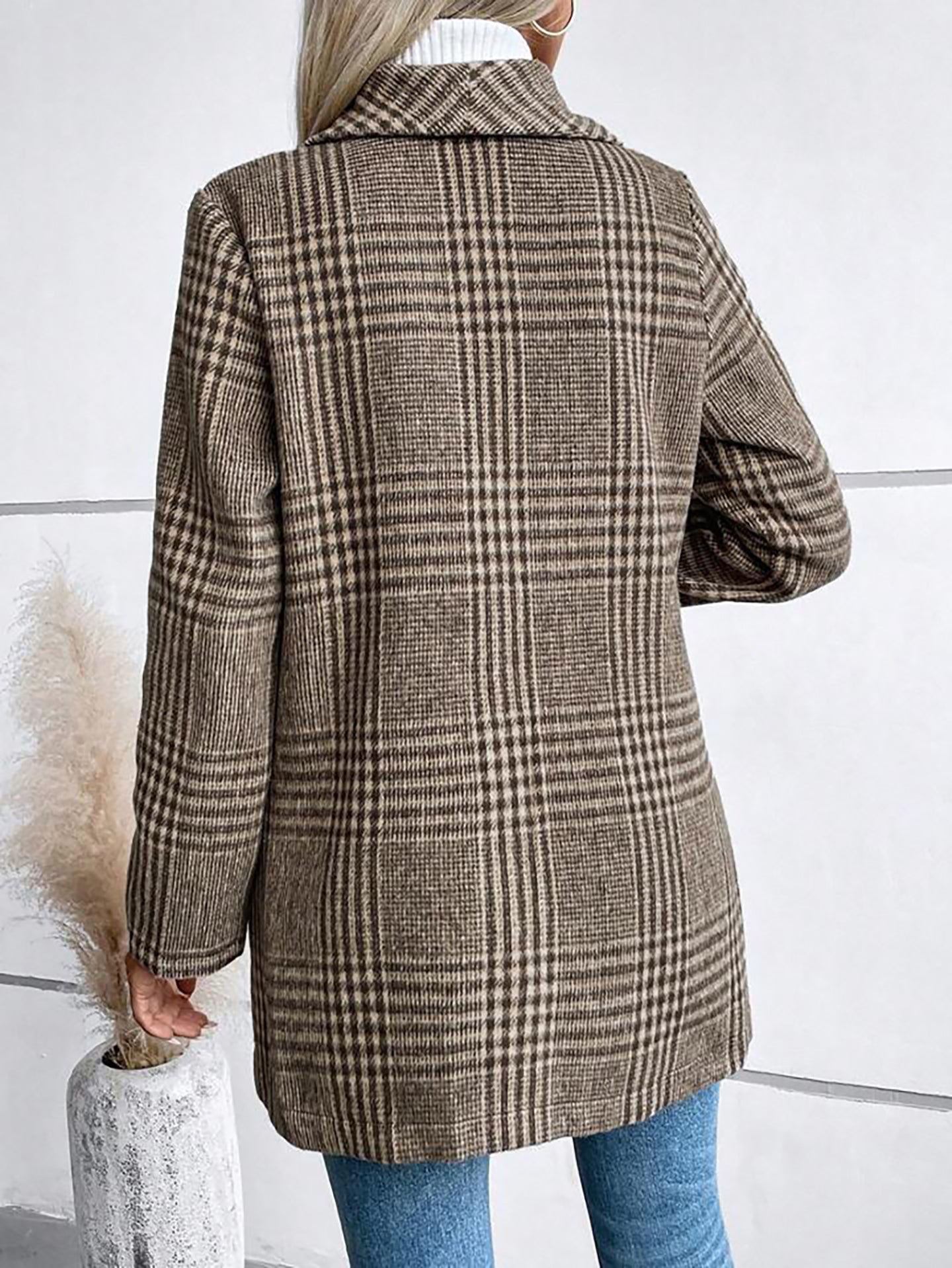 Khaki Checked Lightweight Open Front Jacket