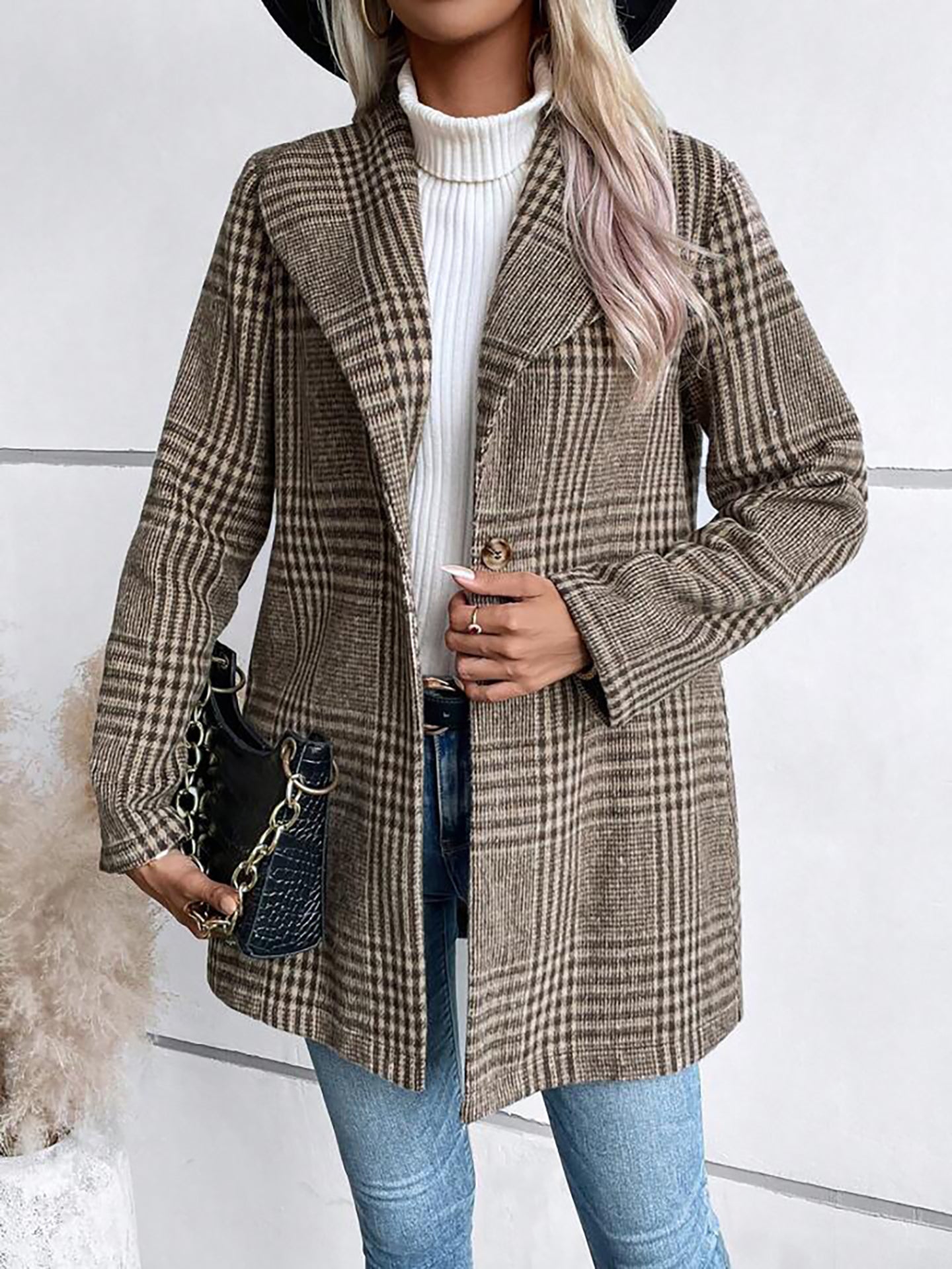 Khaki Checked Lightweight Open Front Jacket
