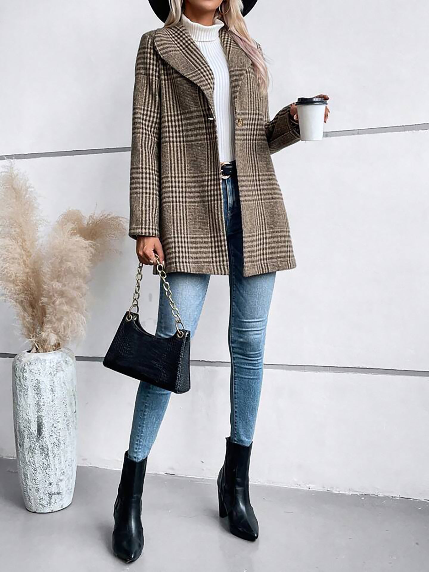 Khaki Checked Lightweight Open Front Jacket
