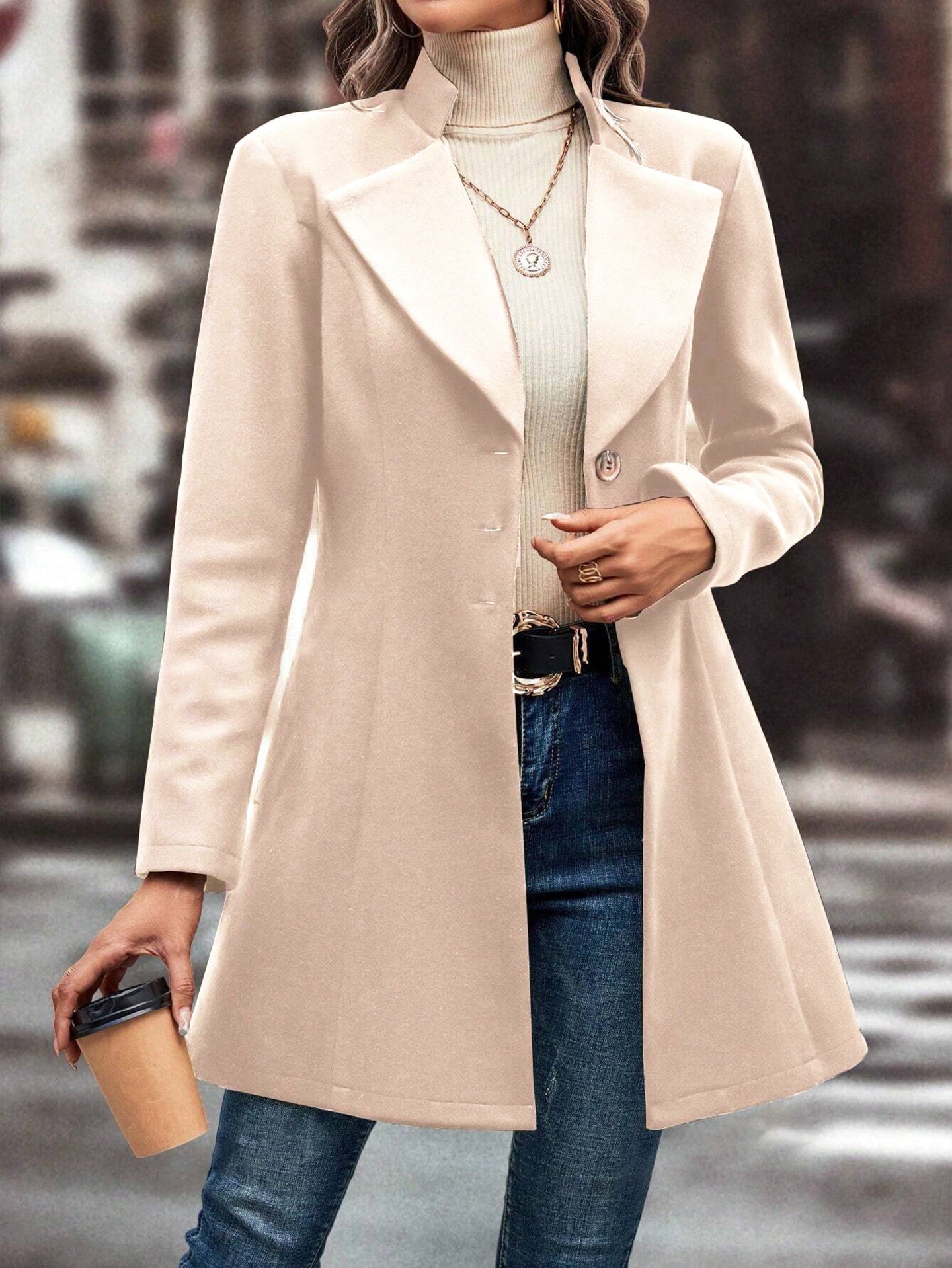 Solid Single-Breasted Notched Lapel Overcoat
