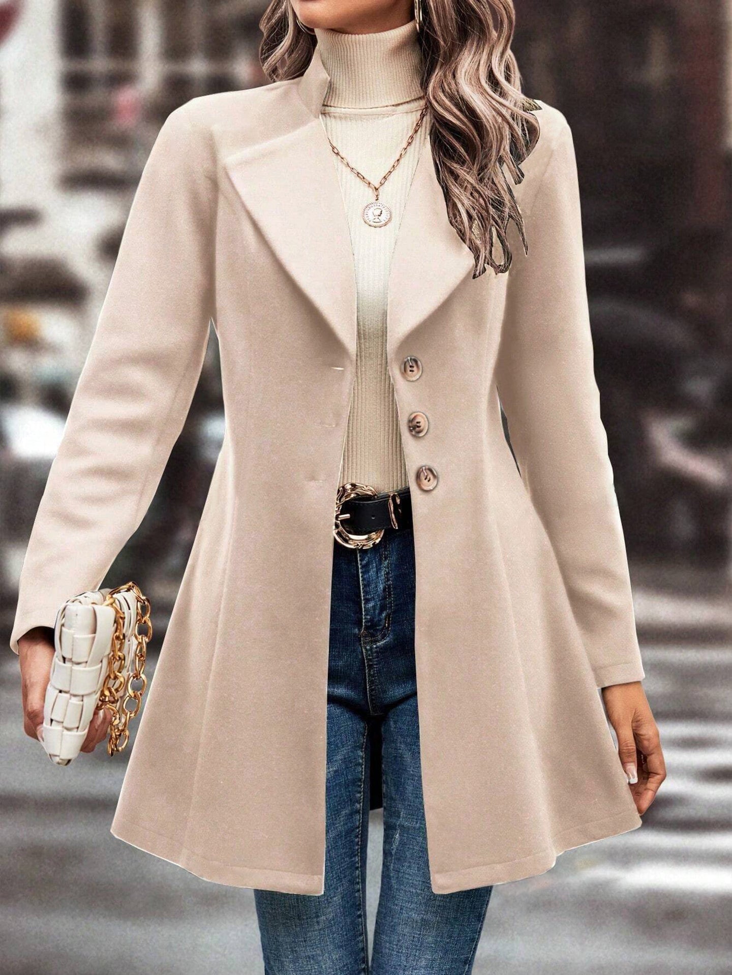 Solid Single-Breasted Notched Lapel Overcoat