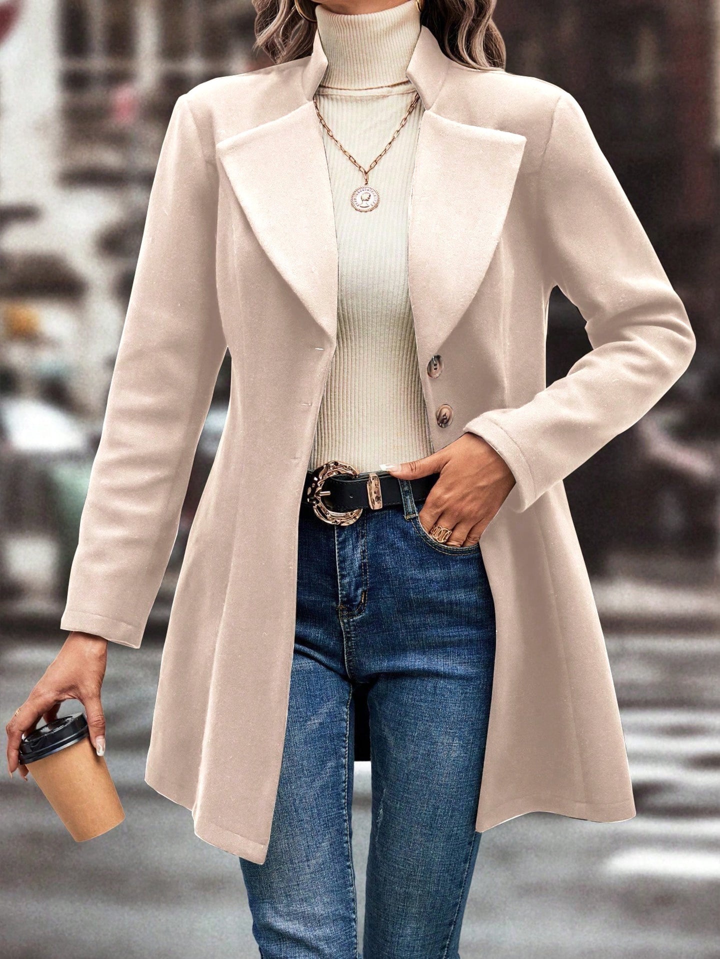 Solid Single-Breasted Notched Lapel Overcoat