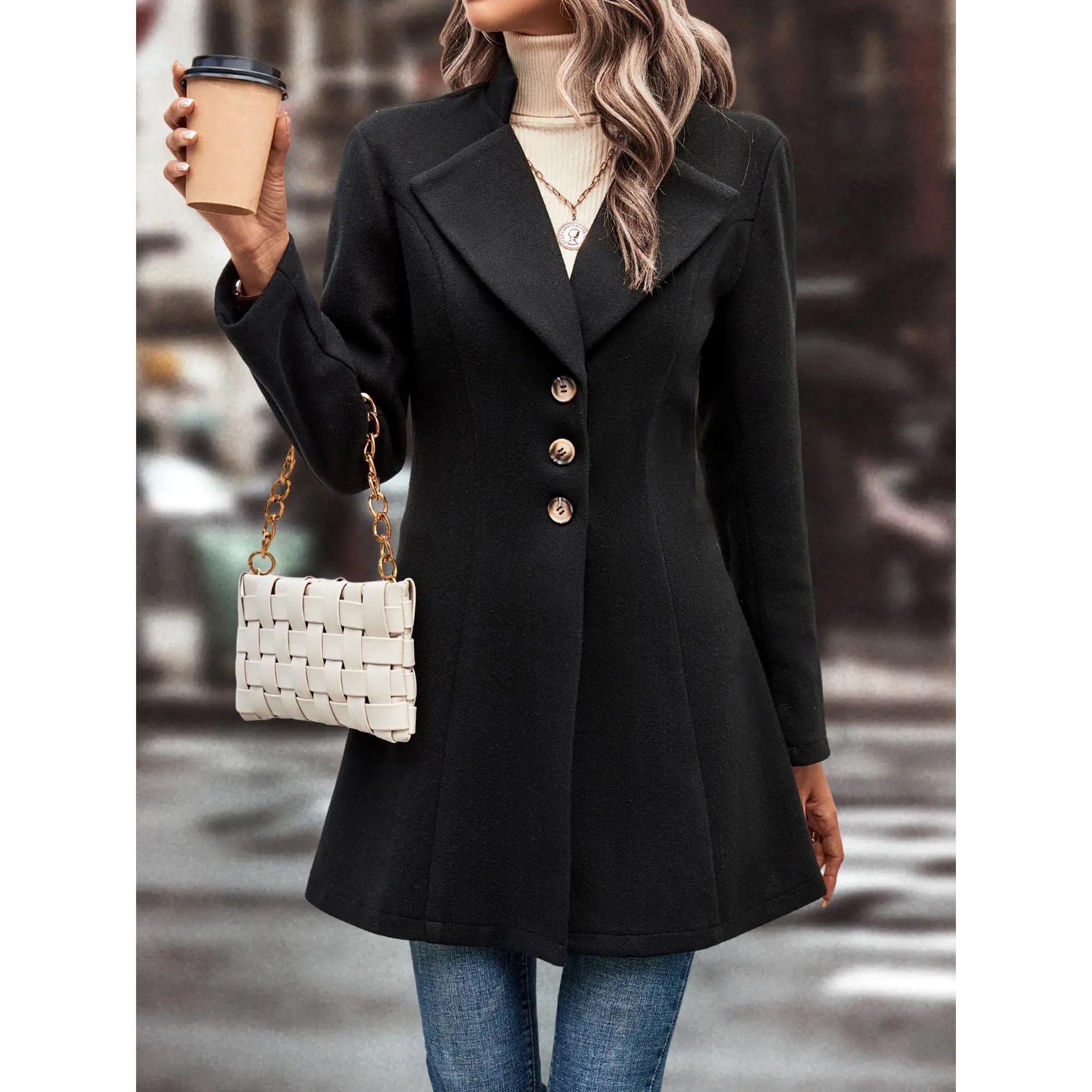 Women Notched Lapel Single Breasted Longline Overcoat