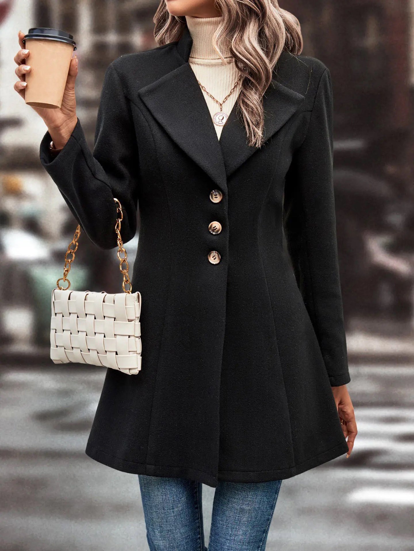 Women Notched Lapel Single Breasted Longline Overcoat