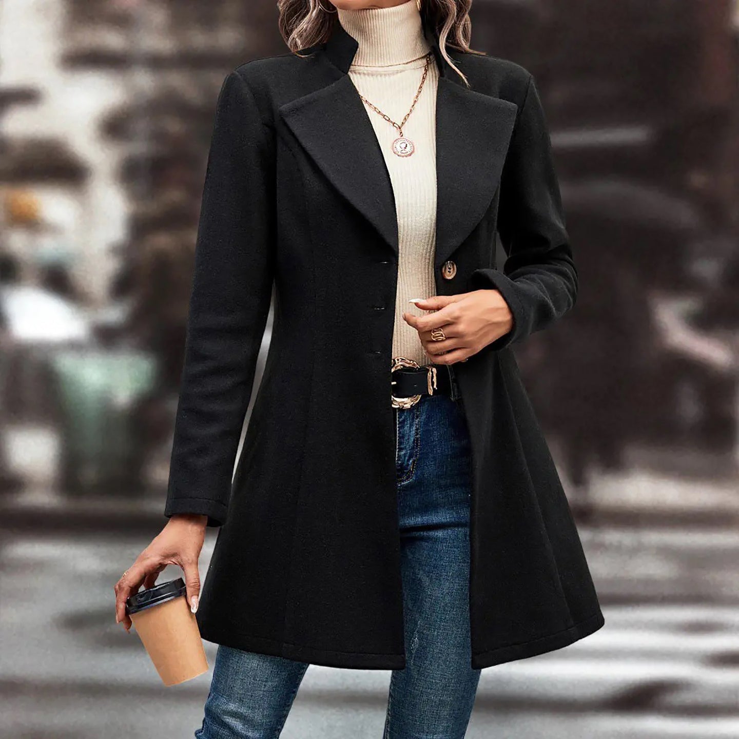 Women Notched Lapel Single Breasted Longline Overcoat