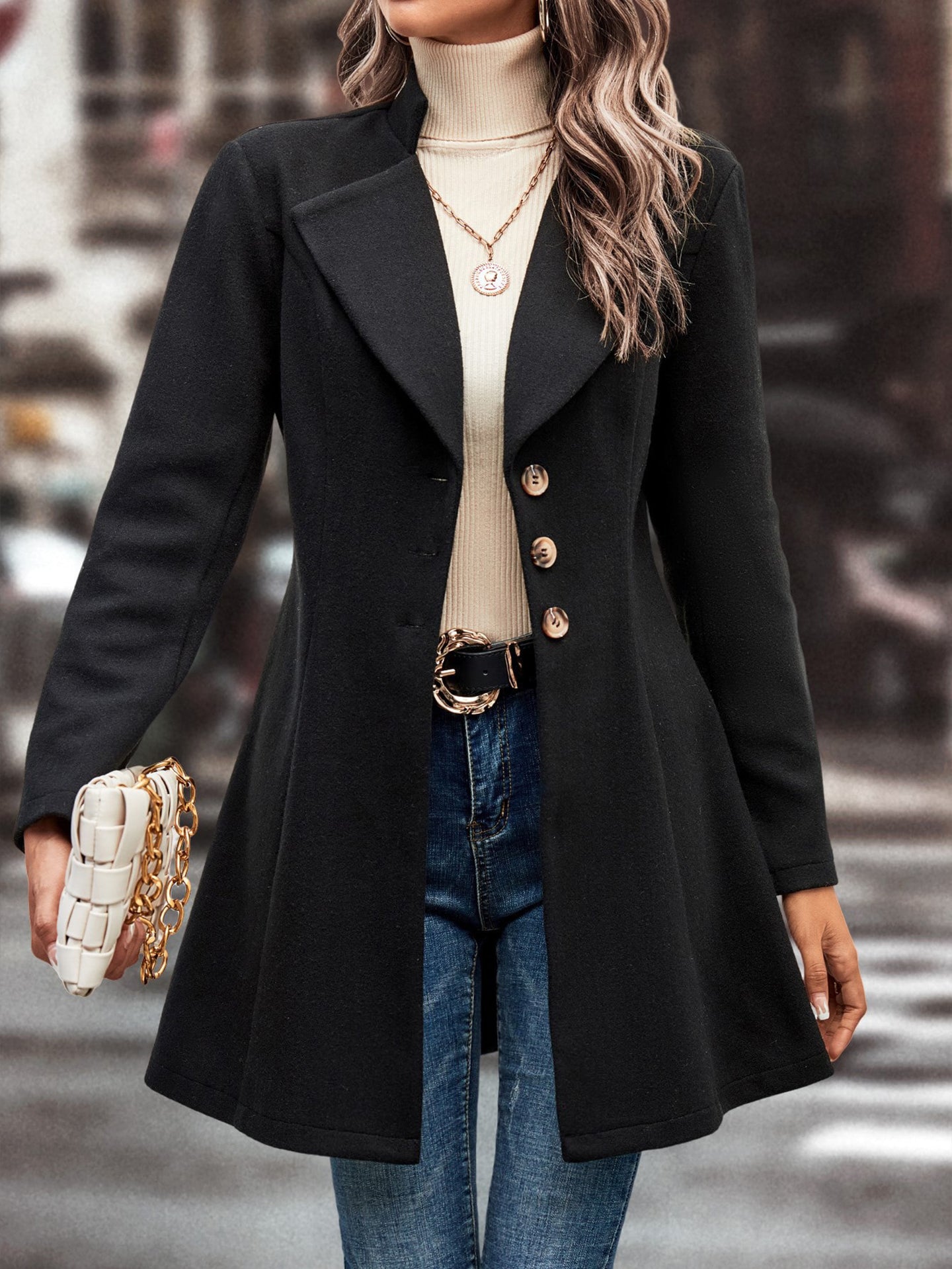 Women Notched Lapel Single Breasted Longline Overcoat