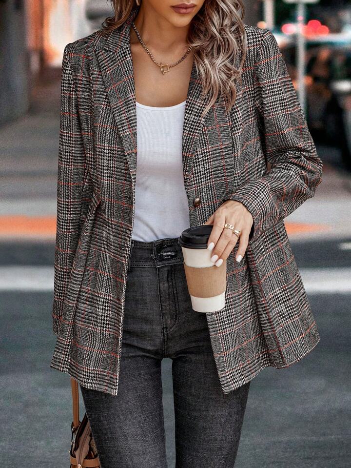 Women Checked Single-Breasted Overcoat