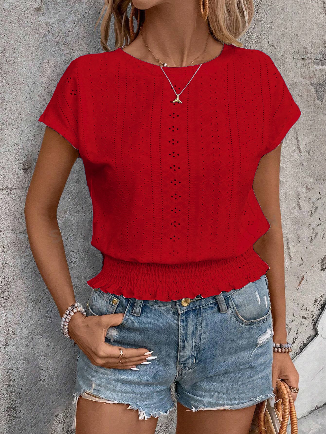 Women Round Neck Flutter Sleeves Top