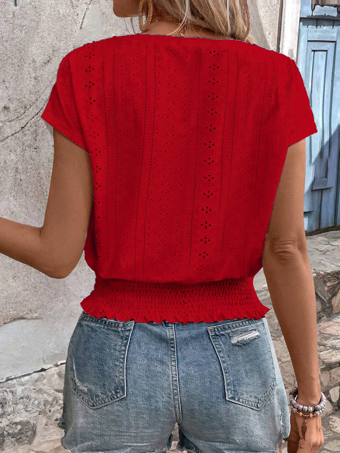 Women Round Neck Flutter Sleeves Top