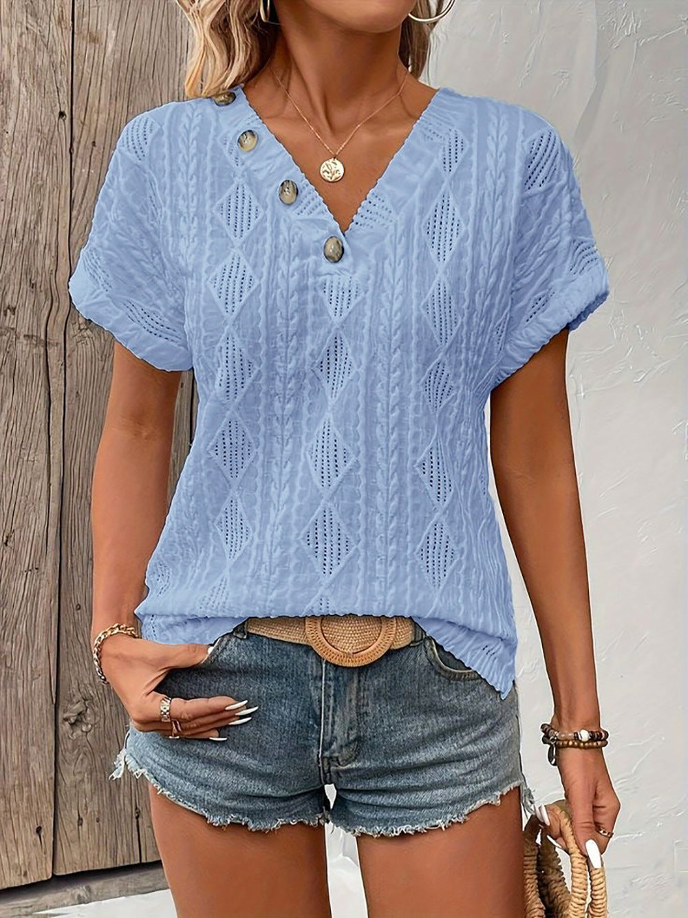 StyleCast Blue V-Neck Geometric Chiffon Top