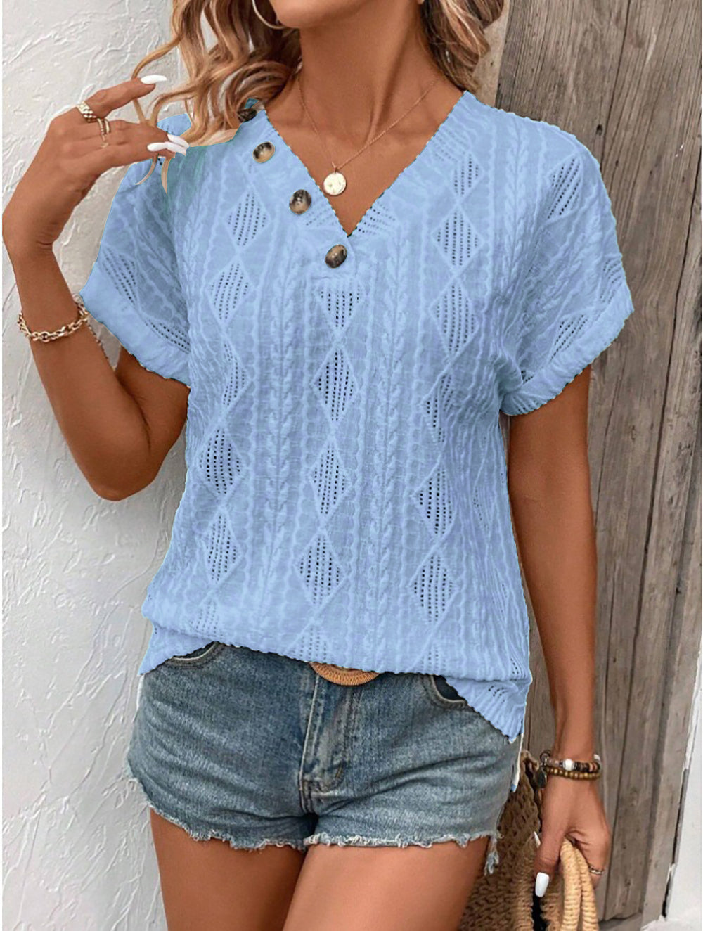 StyleCast Blue V-Neck Geometric Chiffon Top