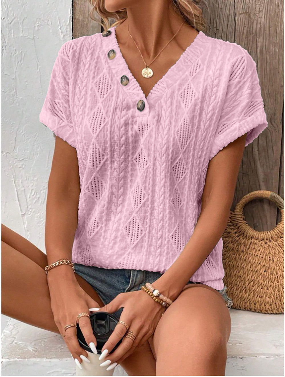 Casual V-Neck Geometric Top