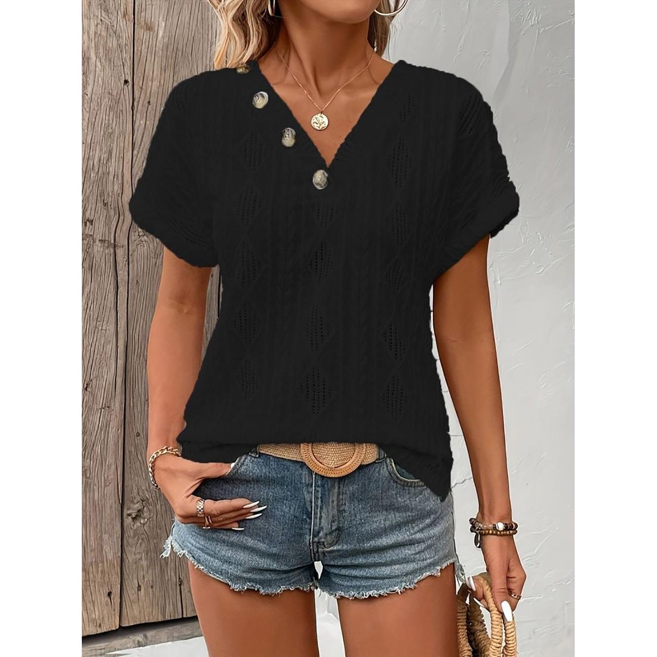 Women Black Geometric V-Neck Top