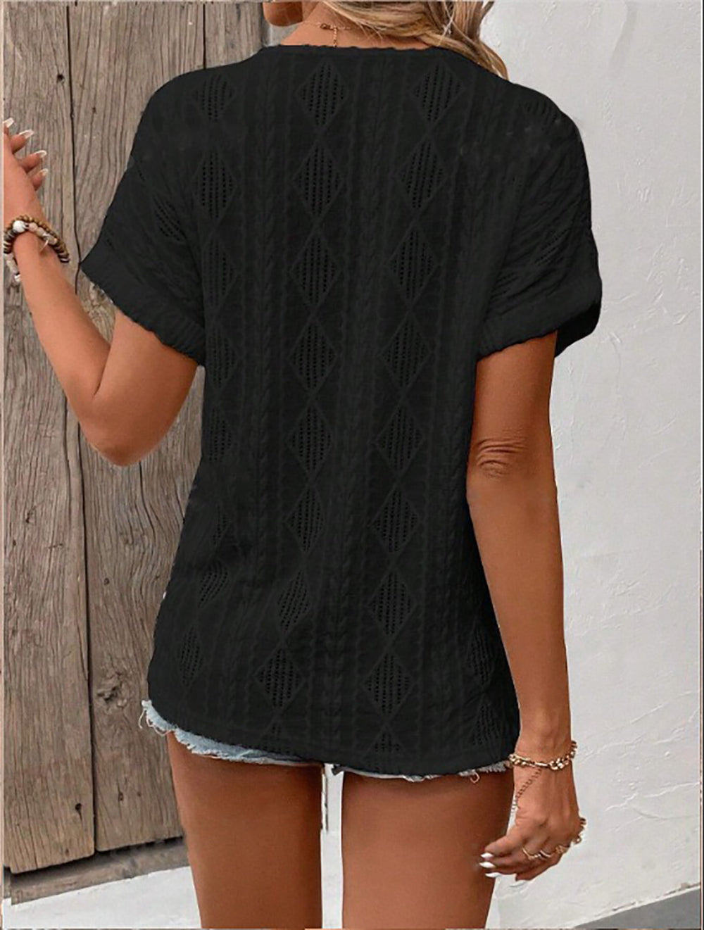 Women Black Geometric V-Neck Top