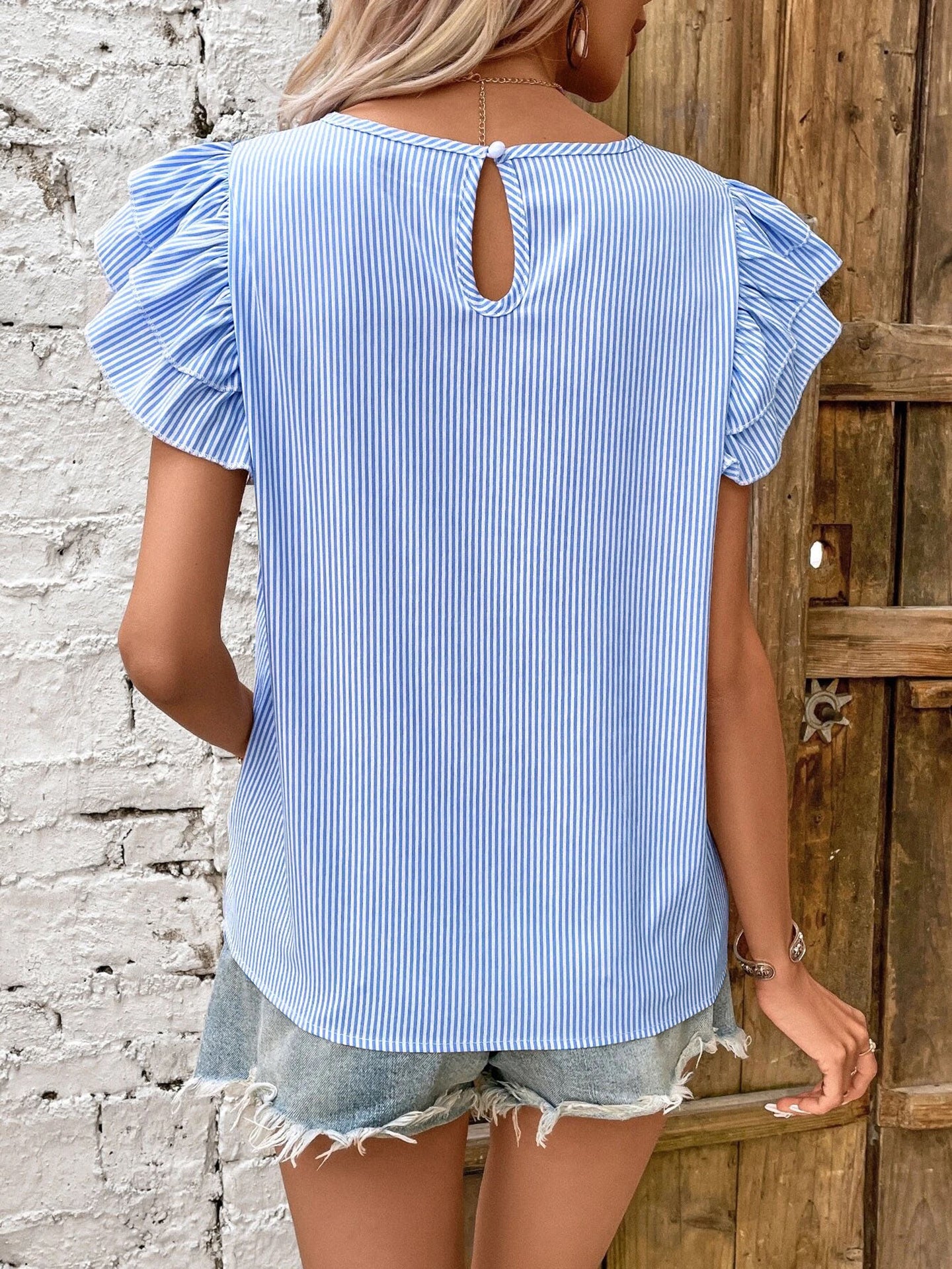 Striped Flutter Sleeve Top