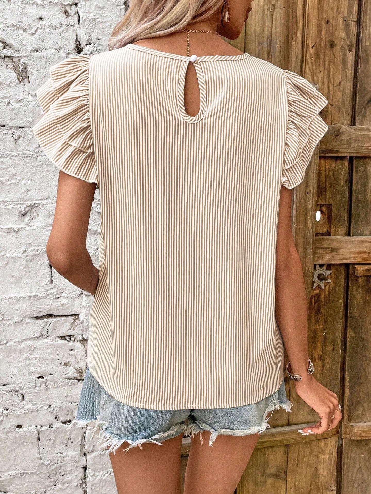 Women Striped Flutter Sleeve Top
