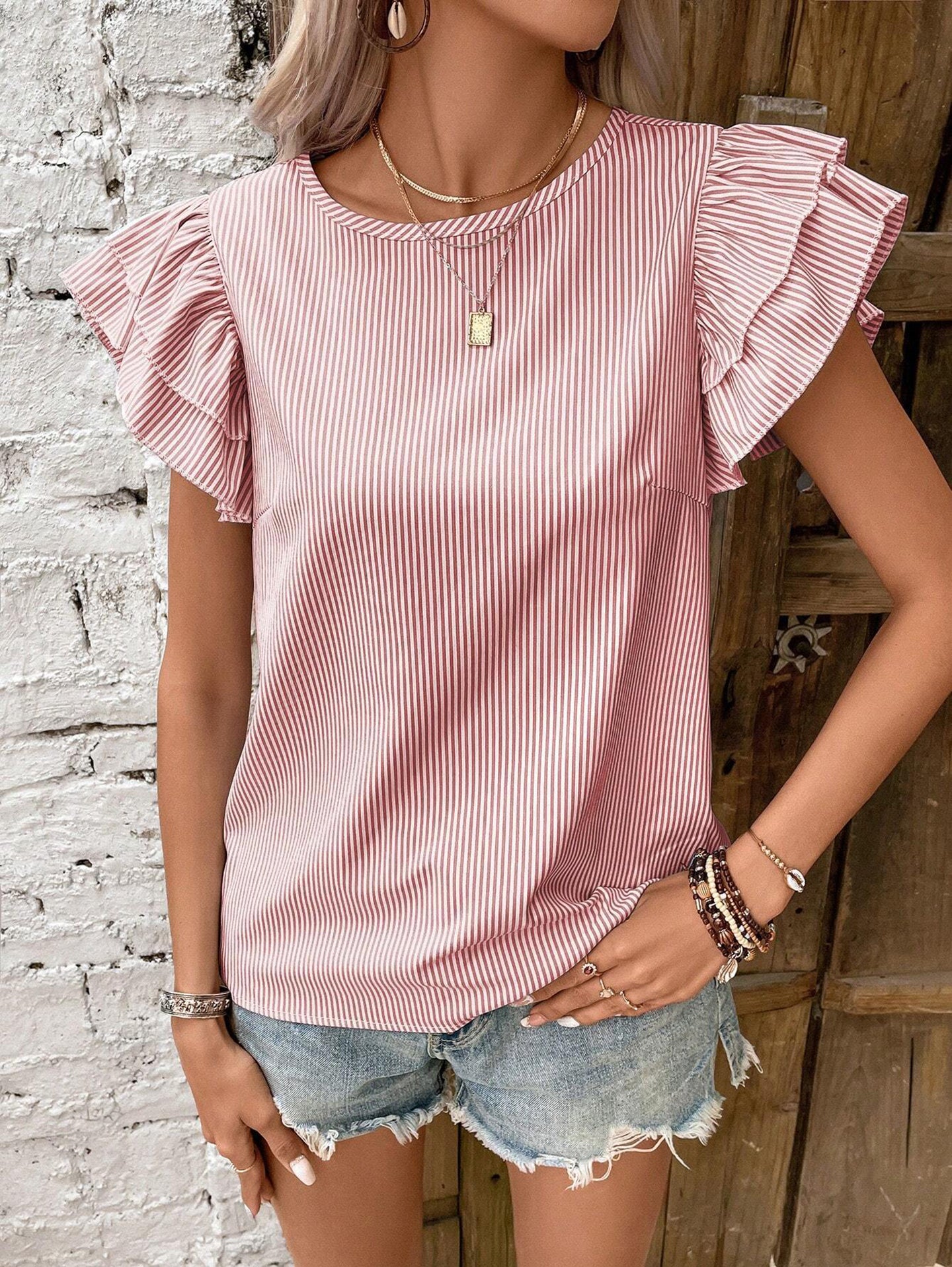 Candy Stripes Striped Flutter Sleeve Top
