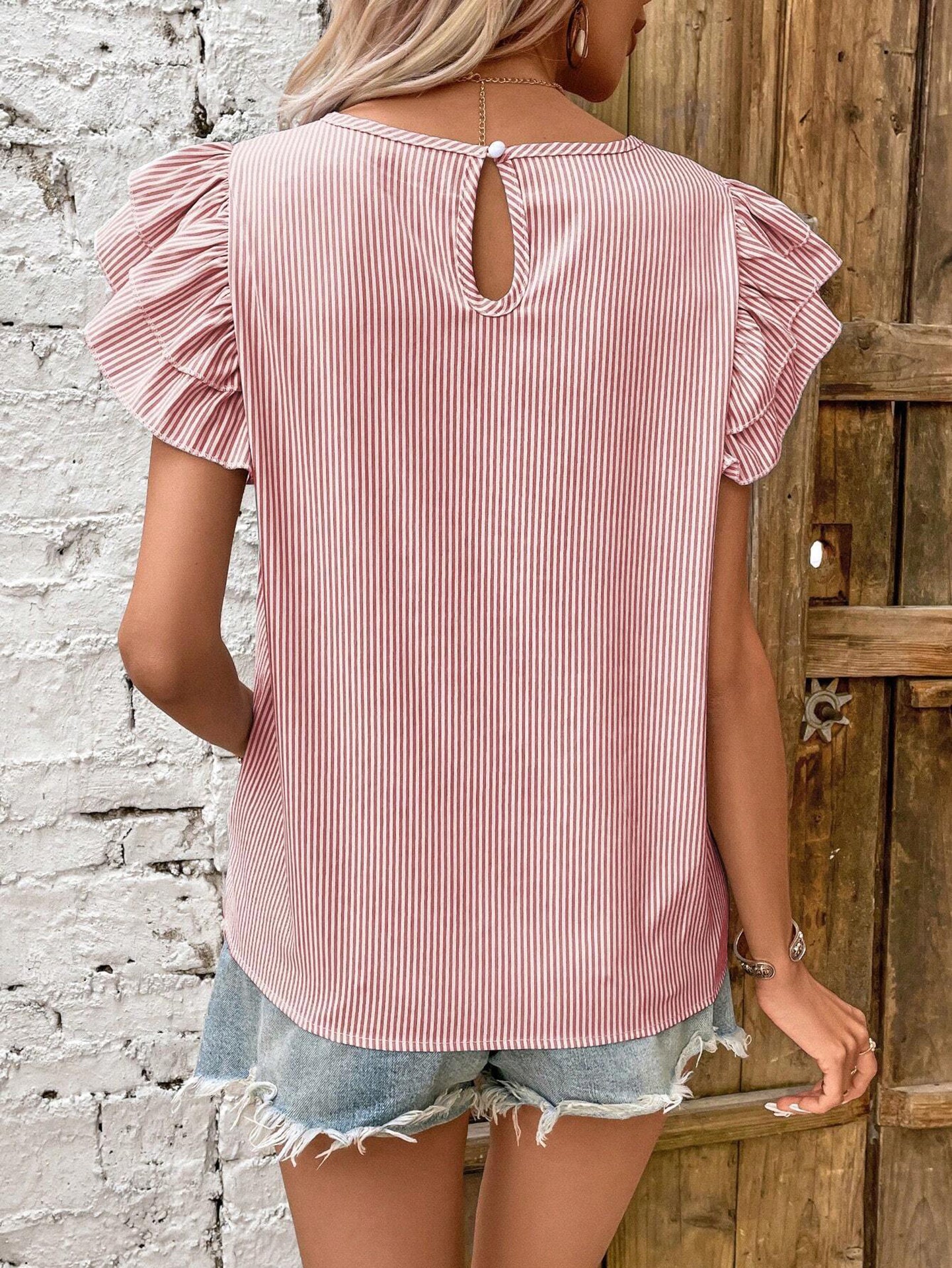 Candy Stripes Striped Flutter Sleeve Top