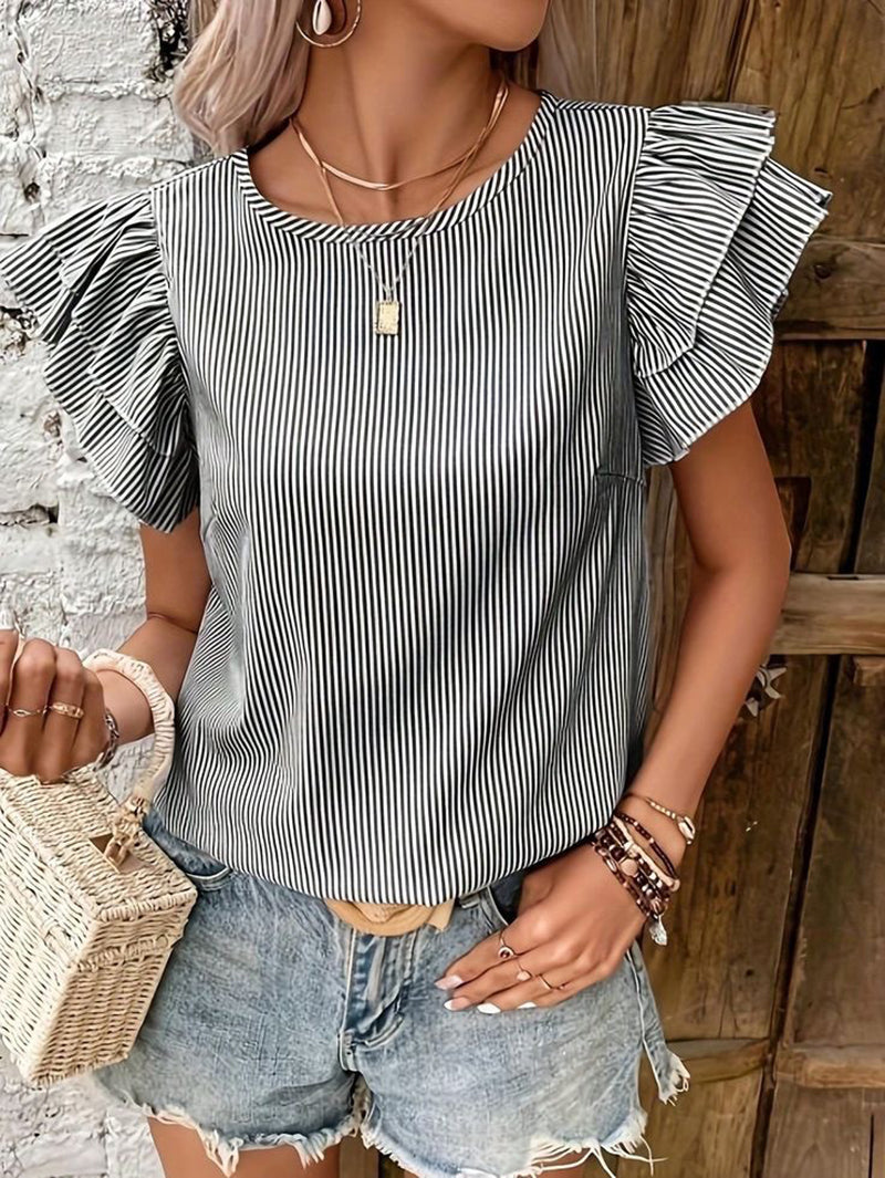 Women Striped Flutter Sleeve Monochrome Regular Top