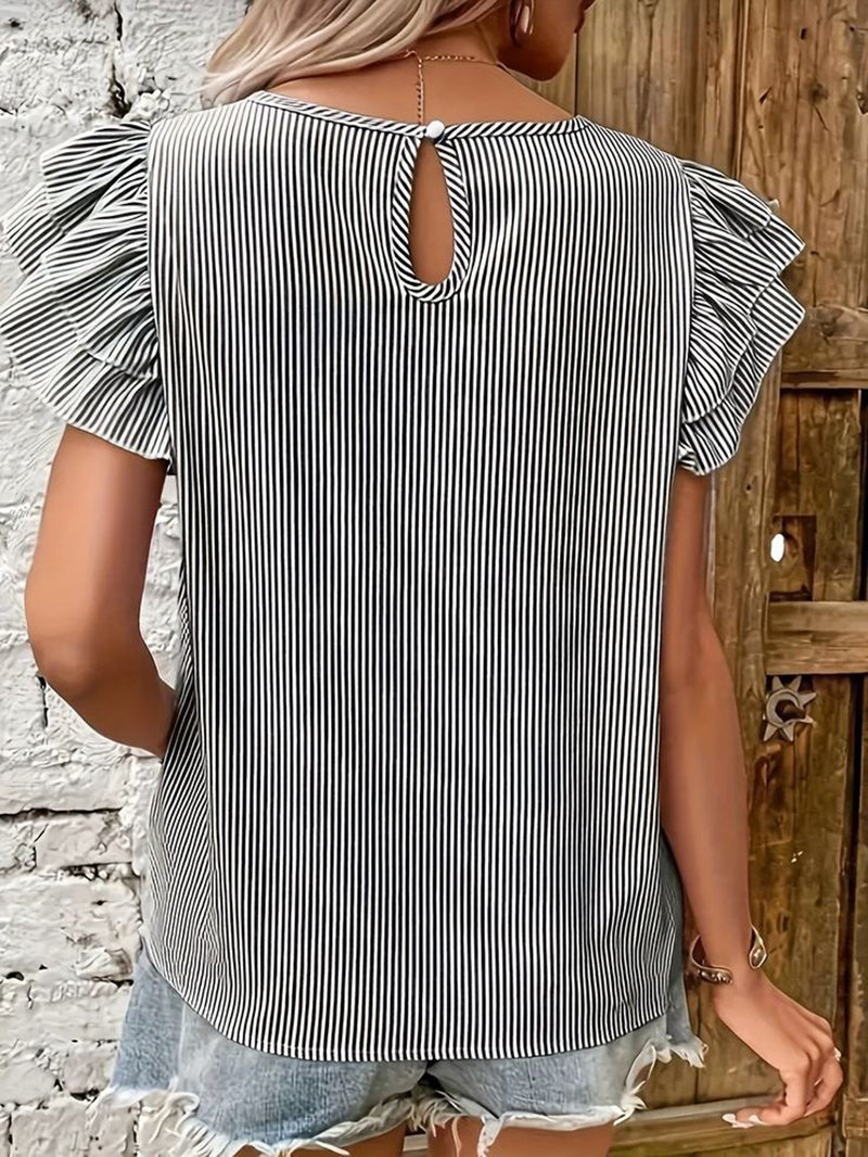 Women Striped Flutter Sleeve Monochrome Regular Top