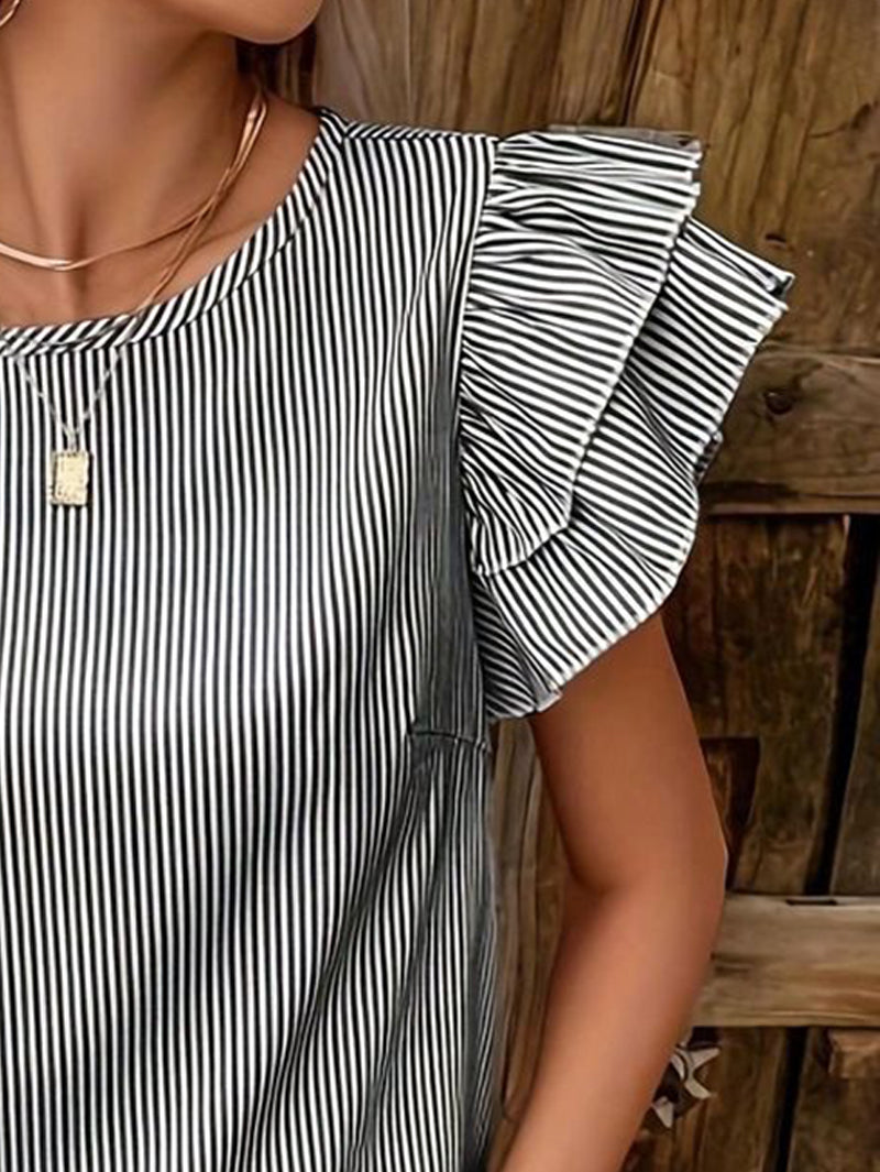 Women Striped Flutter Sleeve Monochrome Regular Top