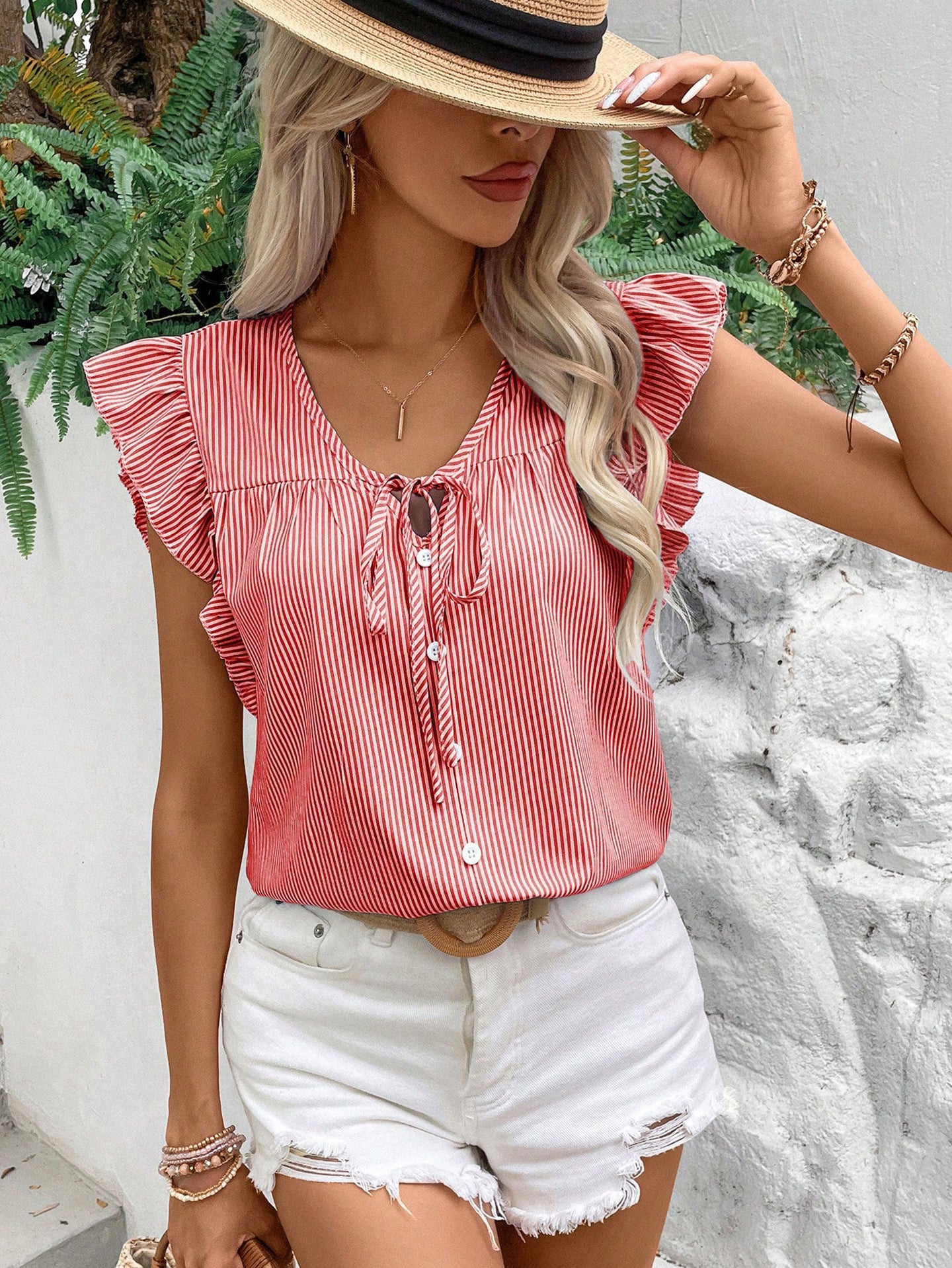 Women Striped Flutter Sleeve Tie-Up Neck Regular Top