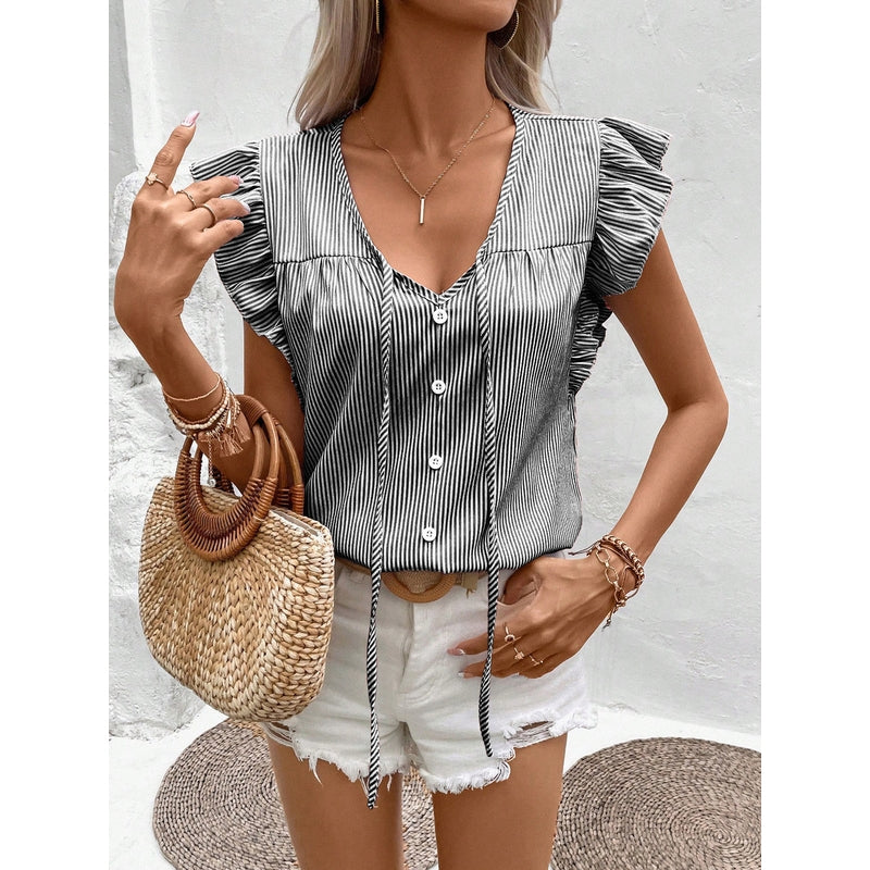 Women Vertical Stripes Striped Flutter Sleeve Regular Top