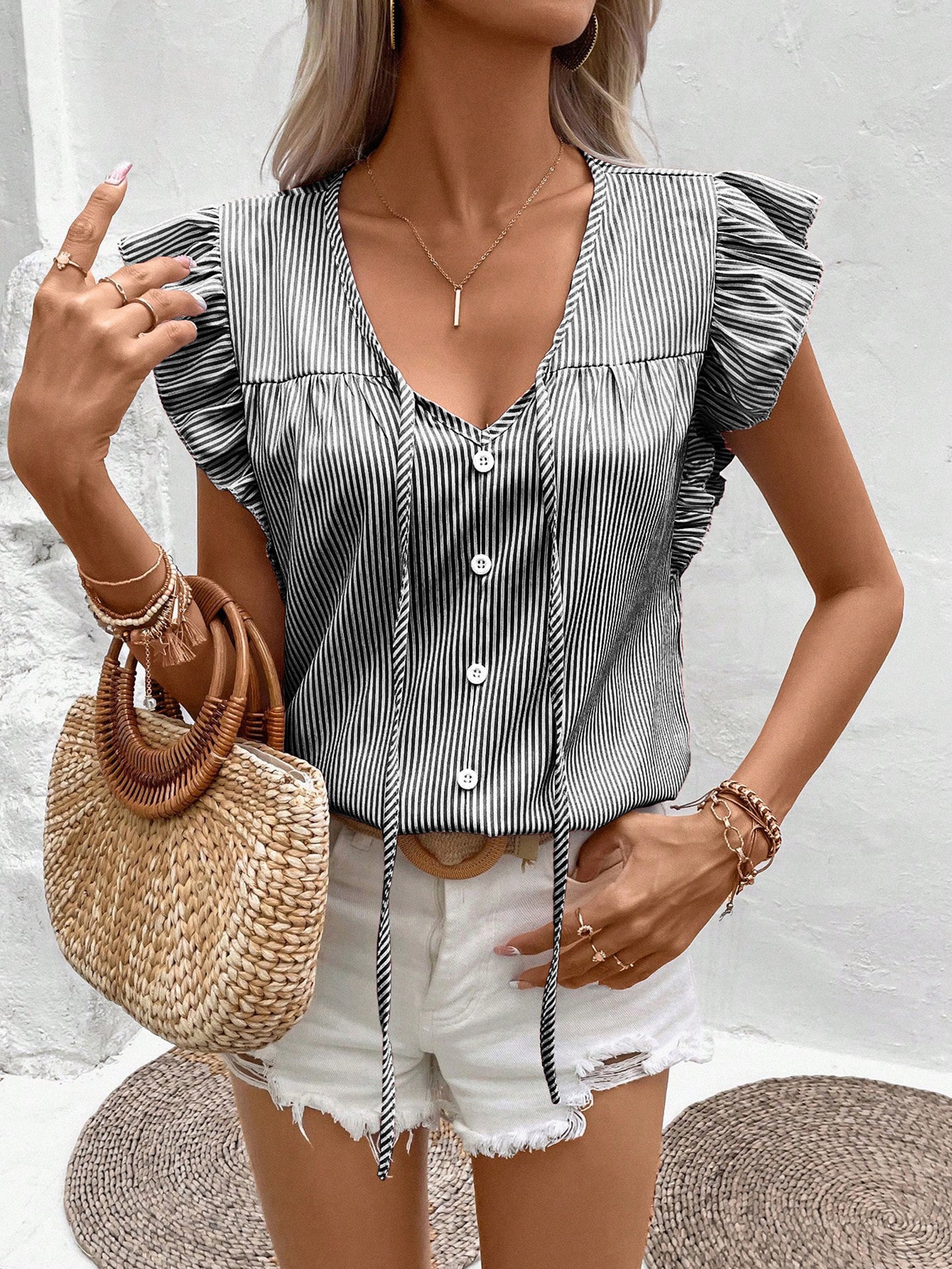 Women Vertical Stripes Striped Flutter Sleeve Regular Top