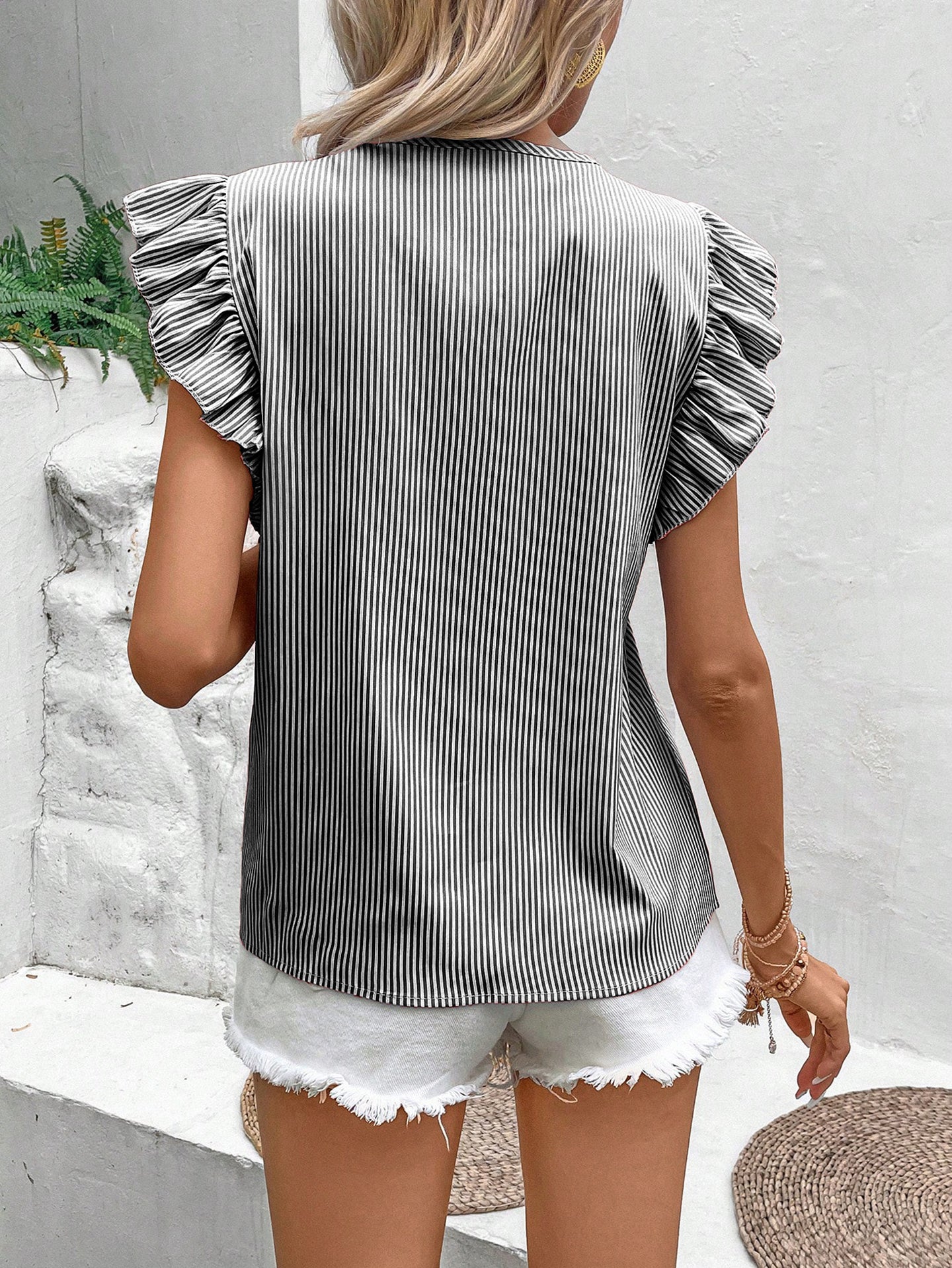 Women Vertical Stripes Striped Flutter Sleeve Regular Top