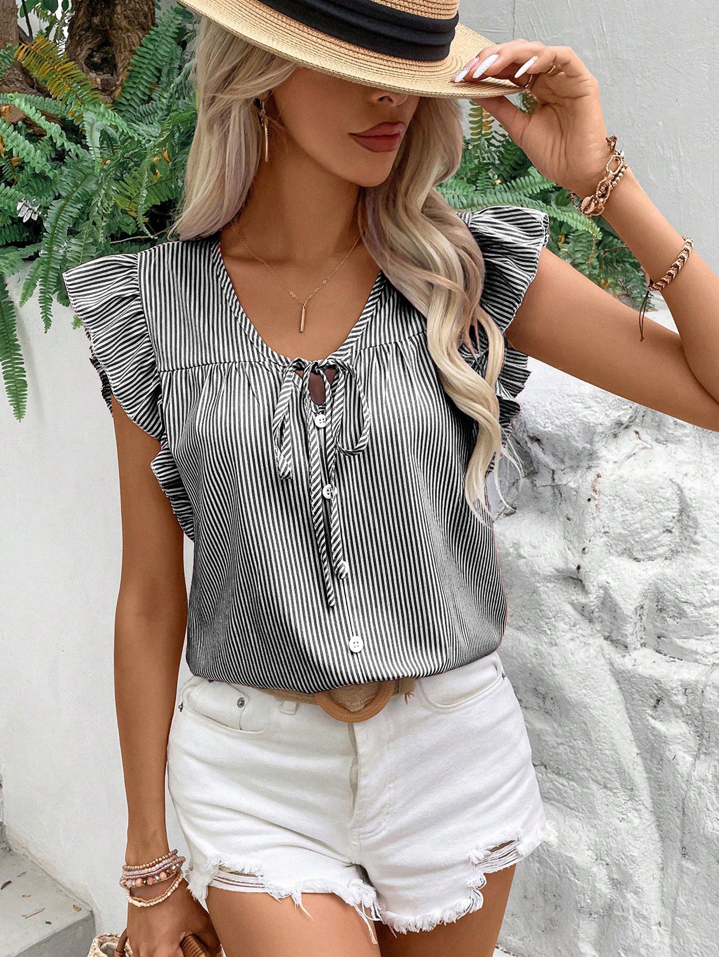 Women Vertical Stripes Striped Flutter Sleeve Regular Top