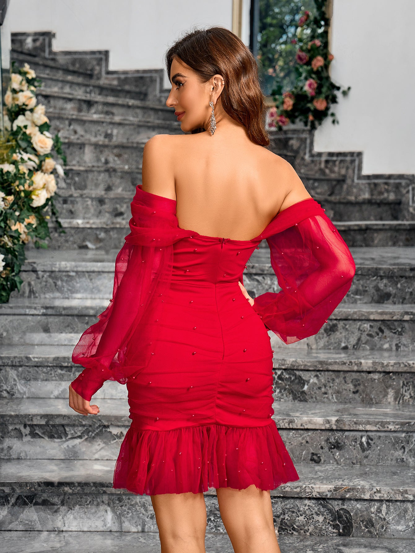 Off-Shoulder Bell Sleeve Sheath Dress