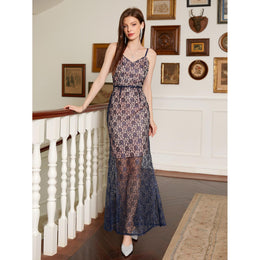 Printed Lace Fit and Flare Maxi Dress