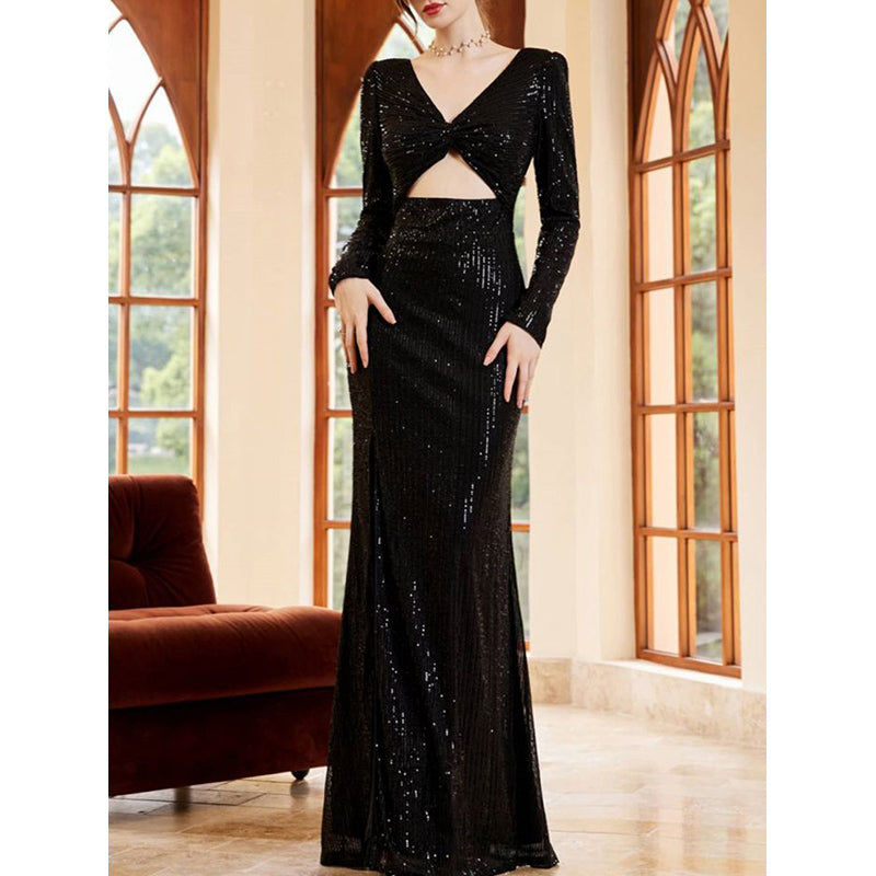 V Neck Cut-Out Seqinned Maxi Dress