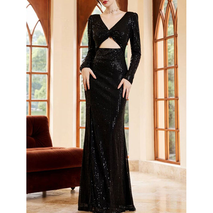 V Neck Cut-Out Seqinned Maxi Dress