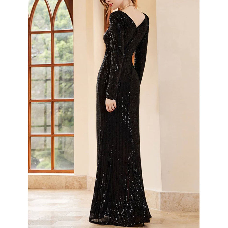 V Neck Cut-Out Seqinned Maxi Dress