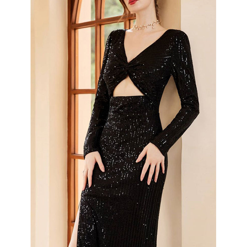 V Neck Cut-Out Seqinned Maxi Dress