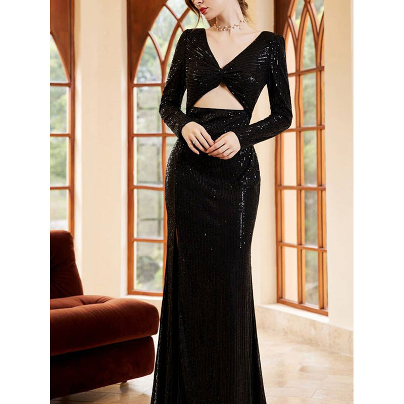 V Neck Cut-Out Seqinned Maxi Dress