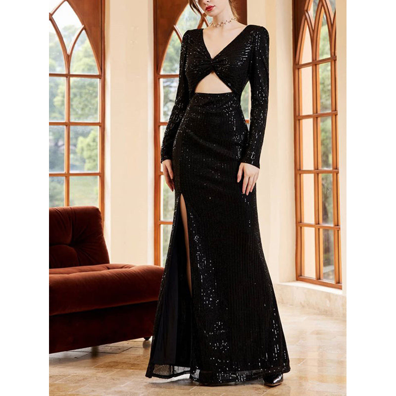 V Neck Cut-Out Seqinned Maxi Dress