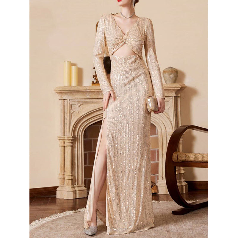 Gold-Toned Embellished V-Neck Maxi Party Dress