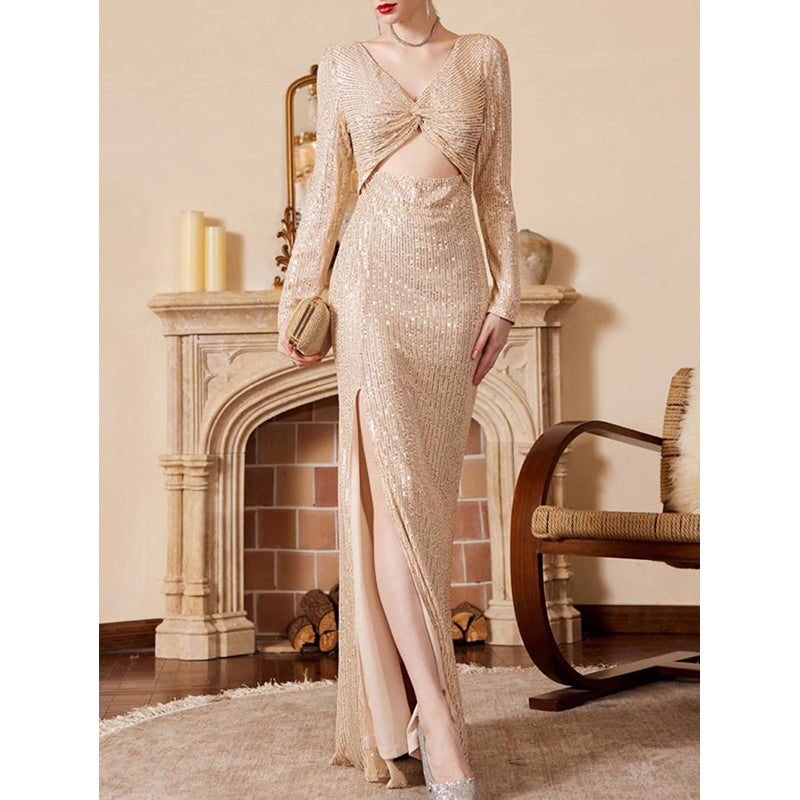 Gold-Toned Embellished V-Neck Maxi Party Dress