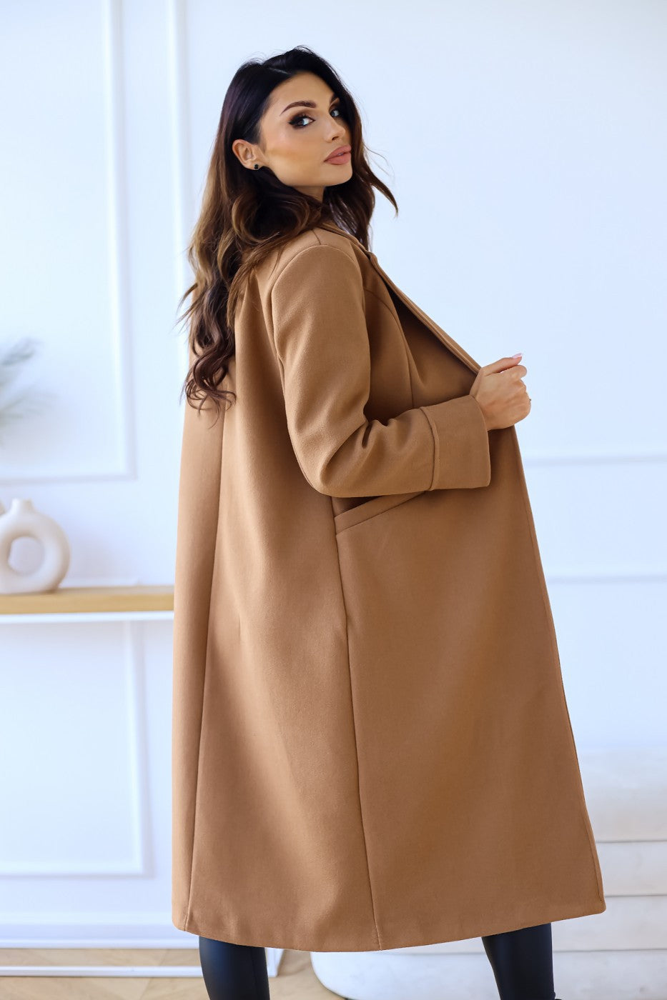 Women Khaki Solid Polyester Long Sleeves Longline Coat