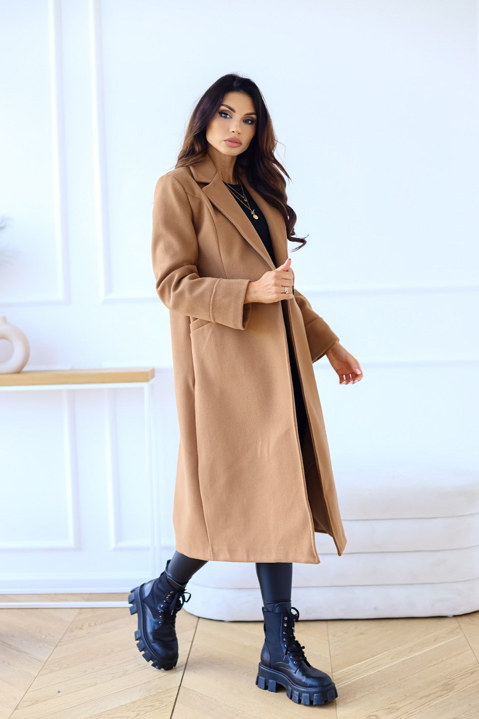 Women Khaki Solid Polyester Long Sleeves Longline Coat
