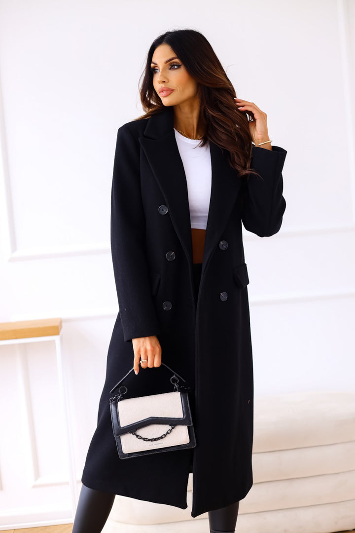 Women Black Solid Long Sleeves Longline Over Coats