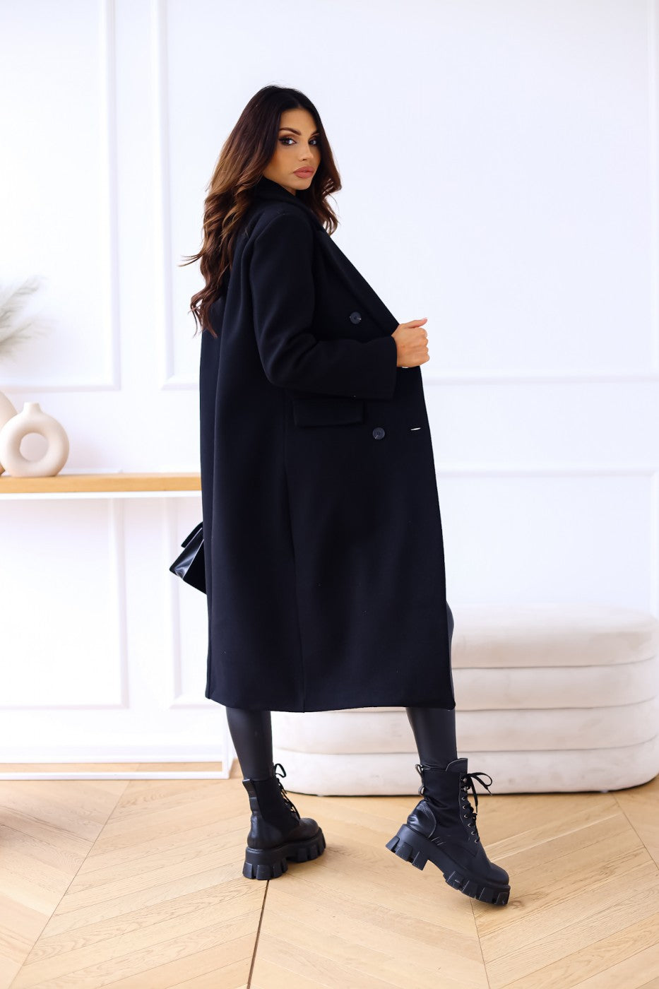 Women Black Solid Long Sleeves Longline Over Coats
