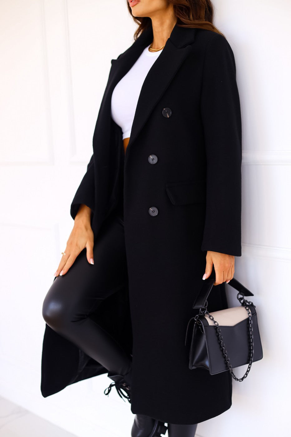 Women Black Solid Long Sleeves Longline Over Coats
