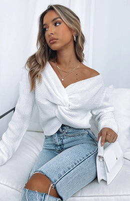 Women White Self Design Twisted Bardot Top