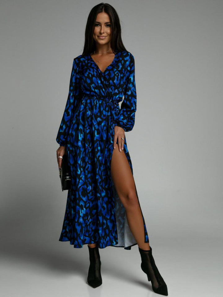 Blue Printed Wrap Maxi Dress