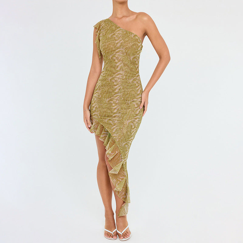 Yellow Abstract Printed Ruffled Asymmetric Sheath Dress