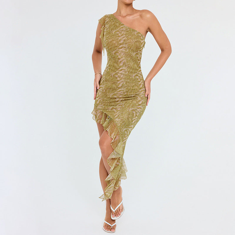 Yellow Abstract Printed Ruffled Asymmetric Sheath Dress